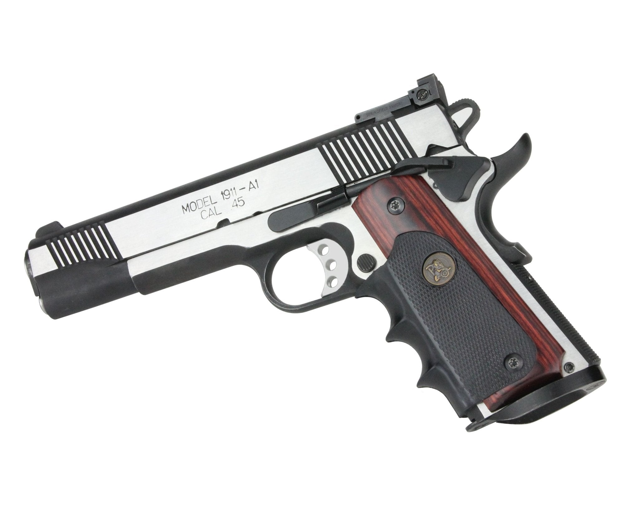 Colt 1911 pistol with wood grip on a white background