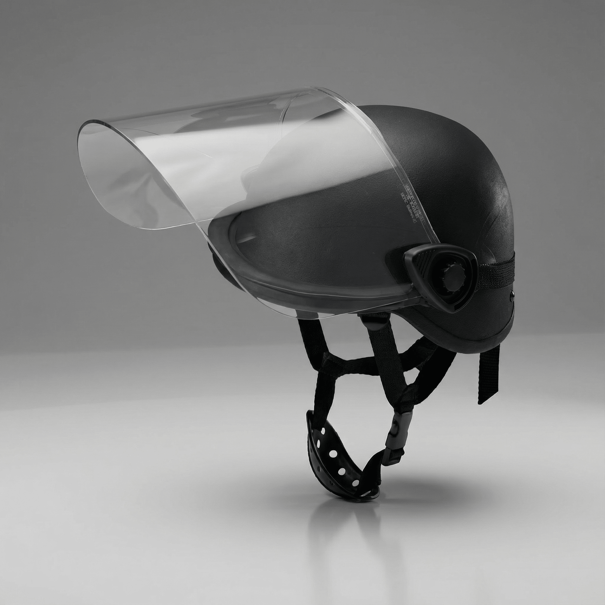 Black helmet with clear visor on a gray background