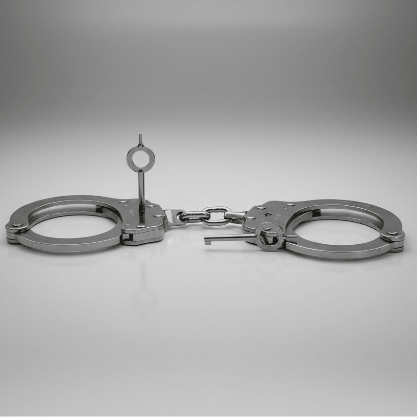 Metal handcuffs on a gray background