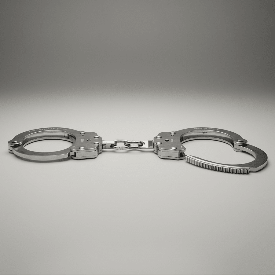 Metallic handcuffs on a gray background