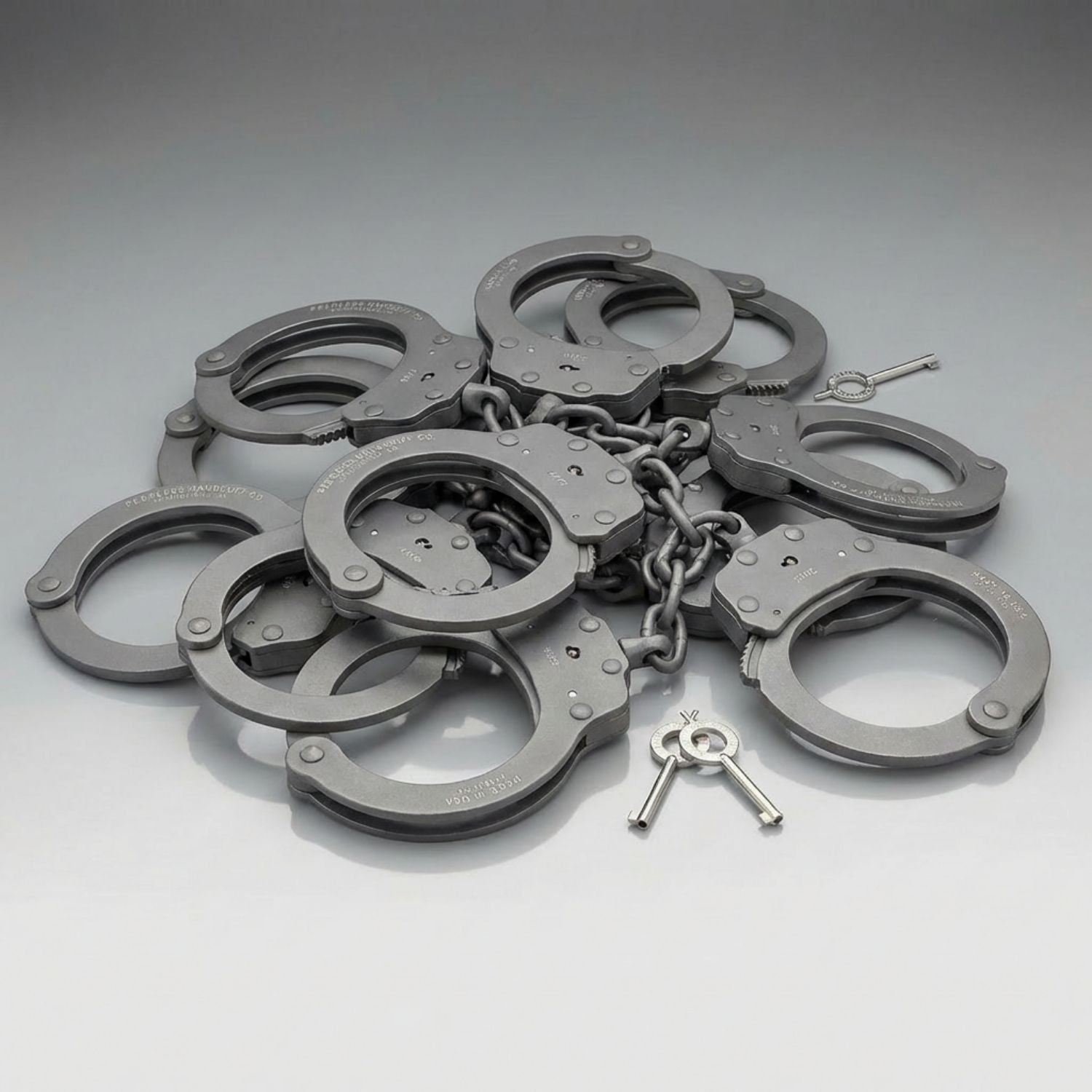 Pile of handcuffs with a key on a gray background