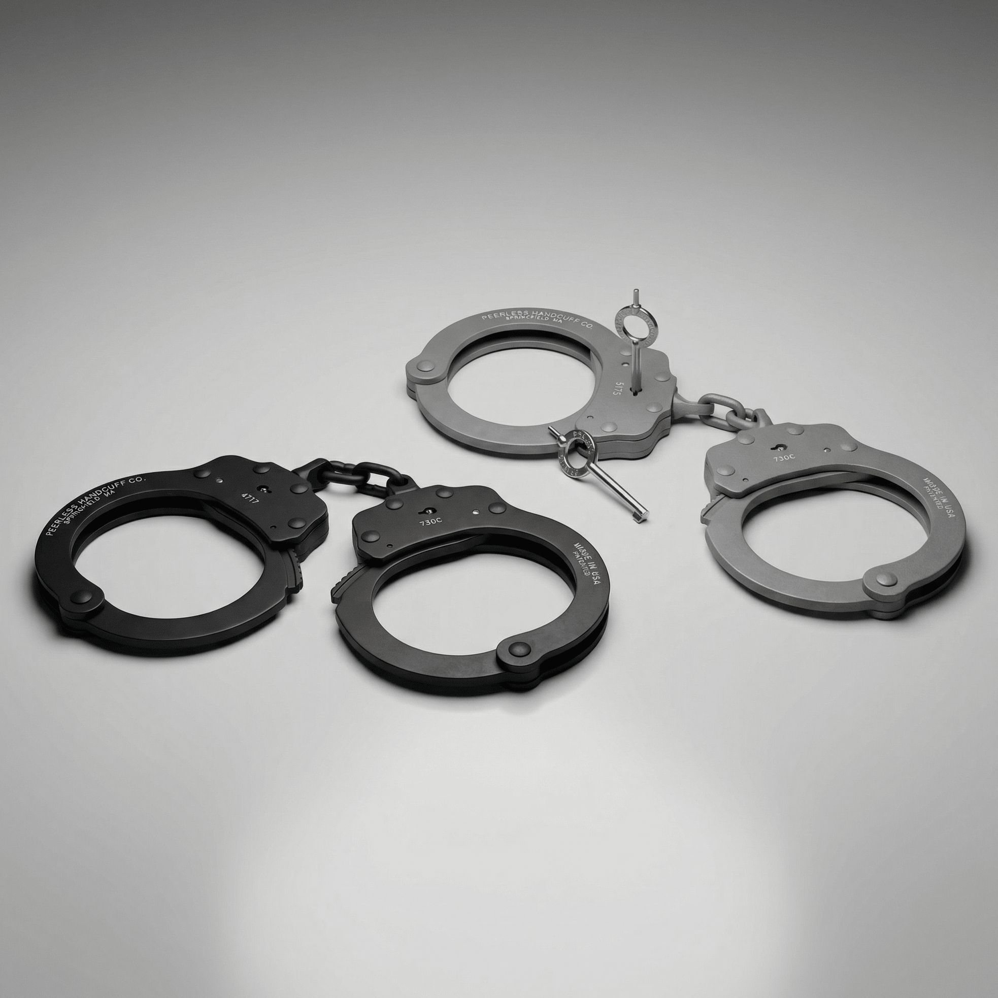 Two pairs of handcuffs on a gray background