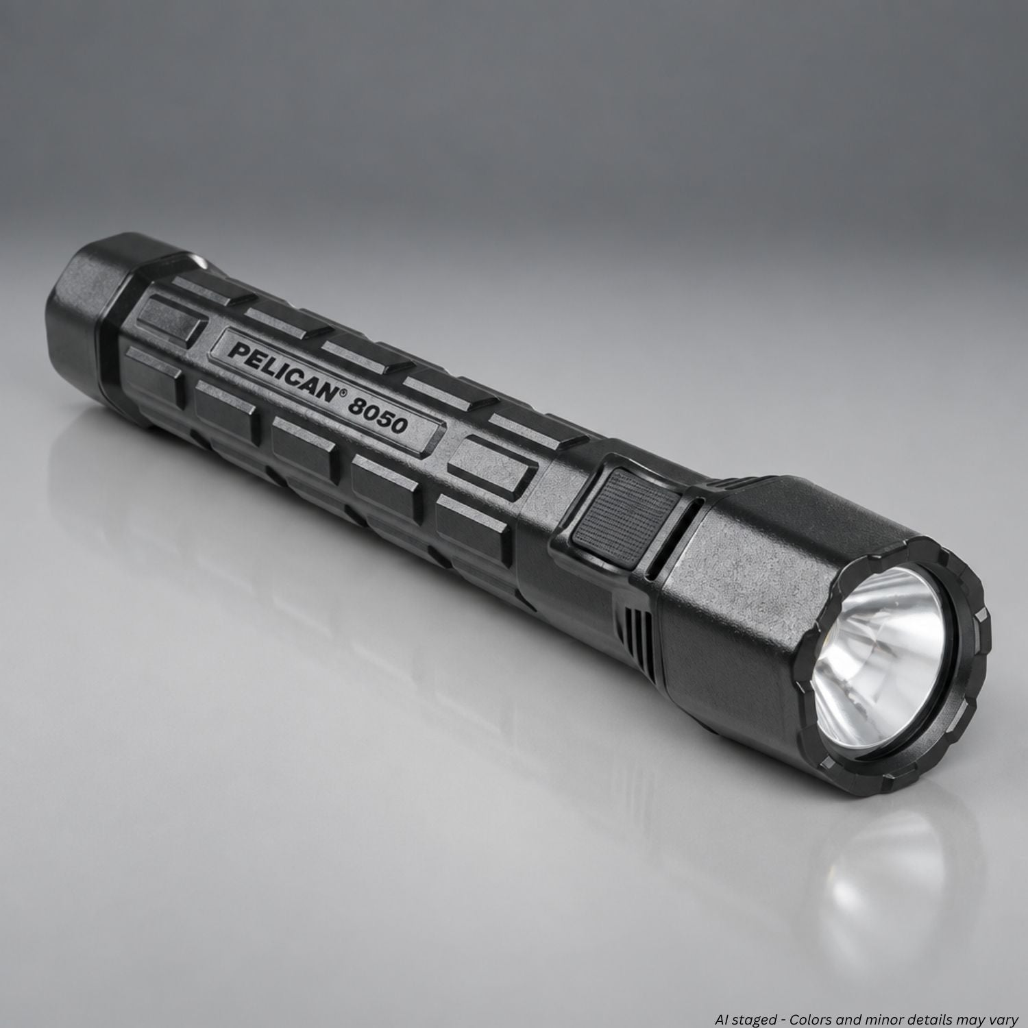 Pelican M11 8050 black rechargeable Xenon flashlight, angled front view, MPN 8050-021-110