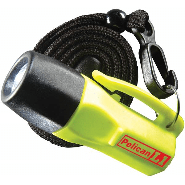 Pelican 1930 L1 LED flashlight in bright yellow with a breakaway safety lanyard, designed for durability and reliability.