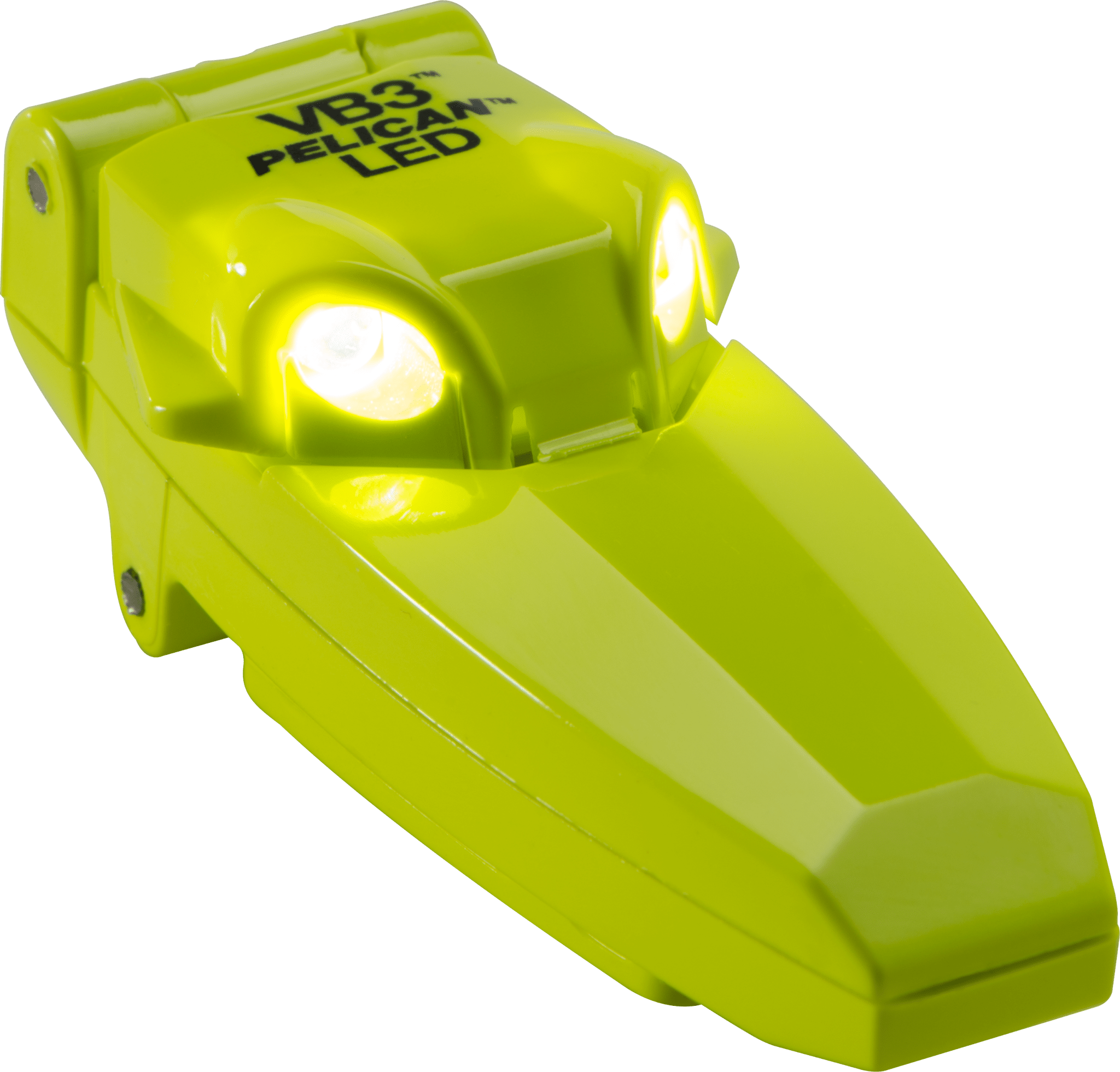 Pelican 2220 VB3 LED flashlight in bright yellow with dual LEDs and pivoting head for adjustable light direction.