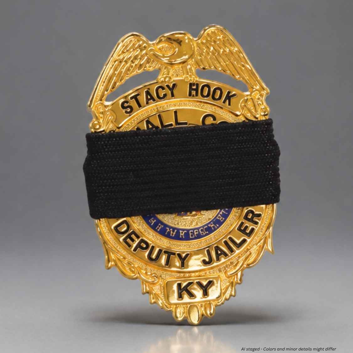 A gold-colored Deputy Jailor badge with an eagle design and a black elastic mourning band wrapped around it, shown against a neutral gray background.