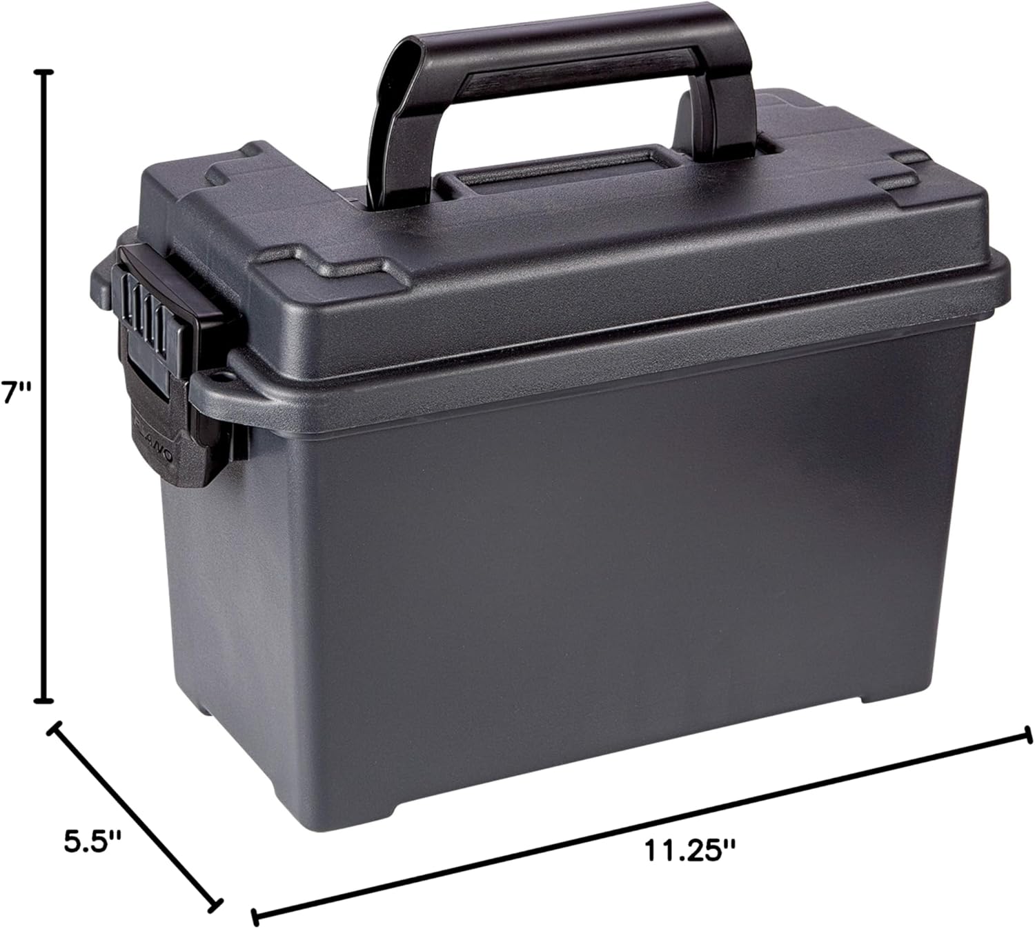 Black ammo box with dimensions indicated on a white background