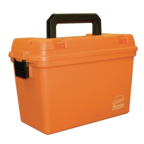 Plano Deep Dry Storage box in orange with tray, ideal for emergency supplies and waterproof protection for outdoor activities.