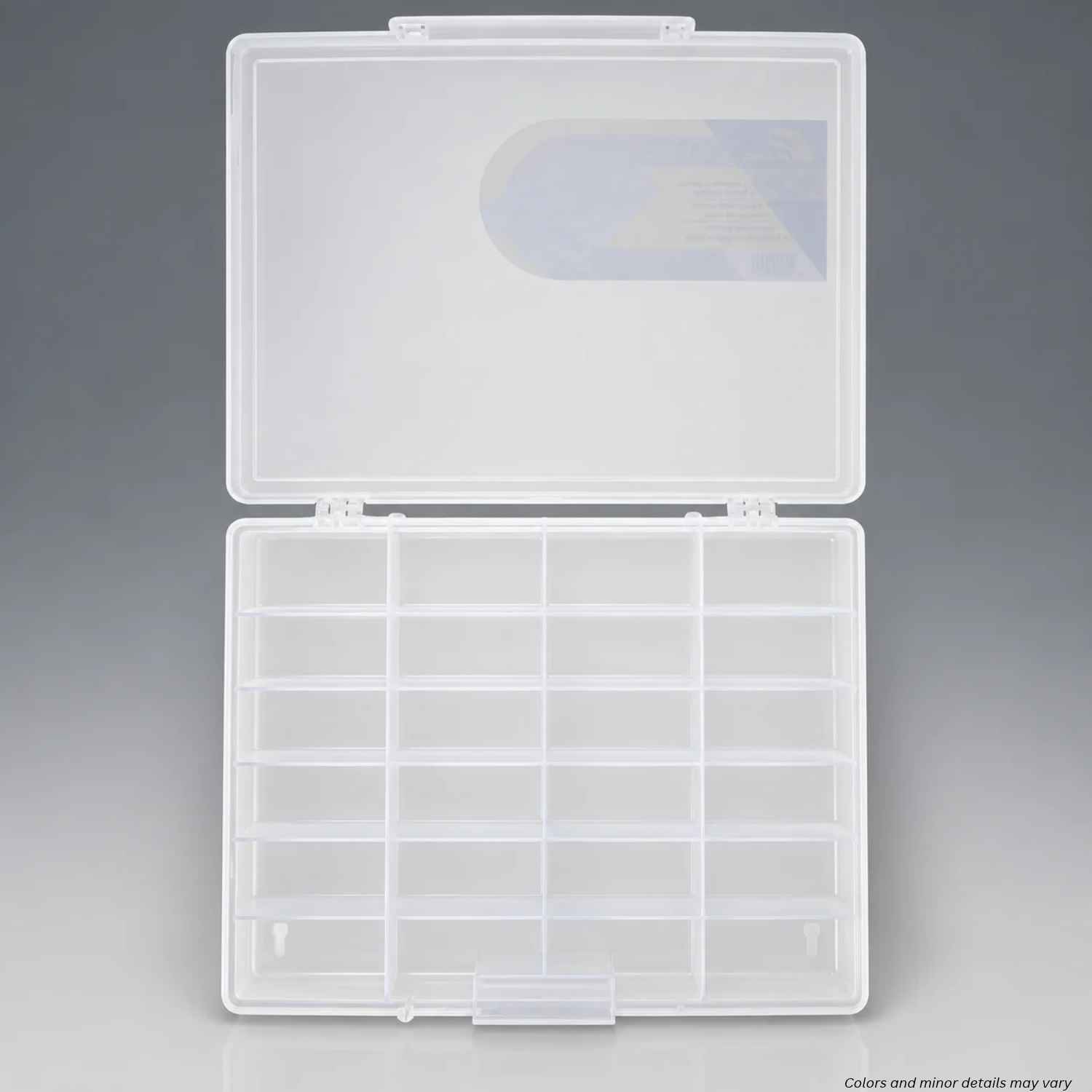 Plano Large Fixed StowAway 532430 open, showing 24 fixed compartments and translucent hinged lid