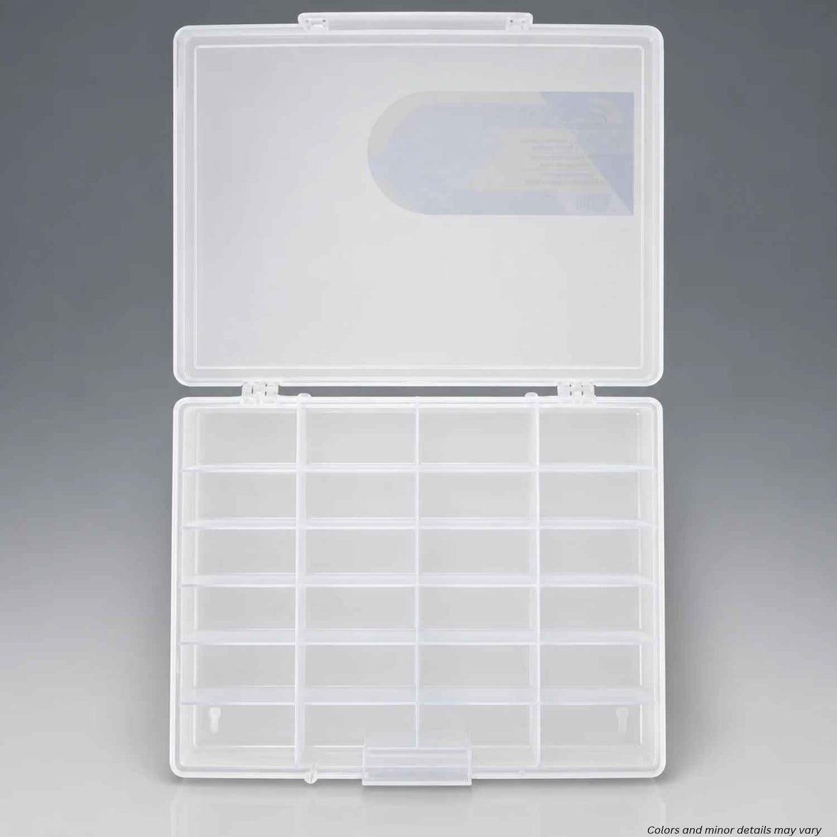Plano Large Fixed StowAway 532430 open, showing 24 fixed compartments and translucent hinged lid