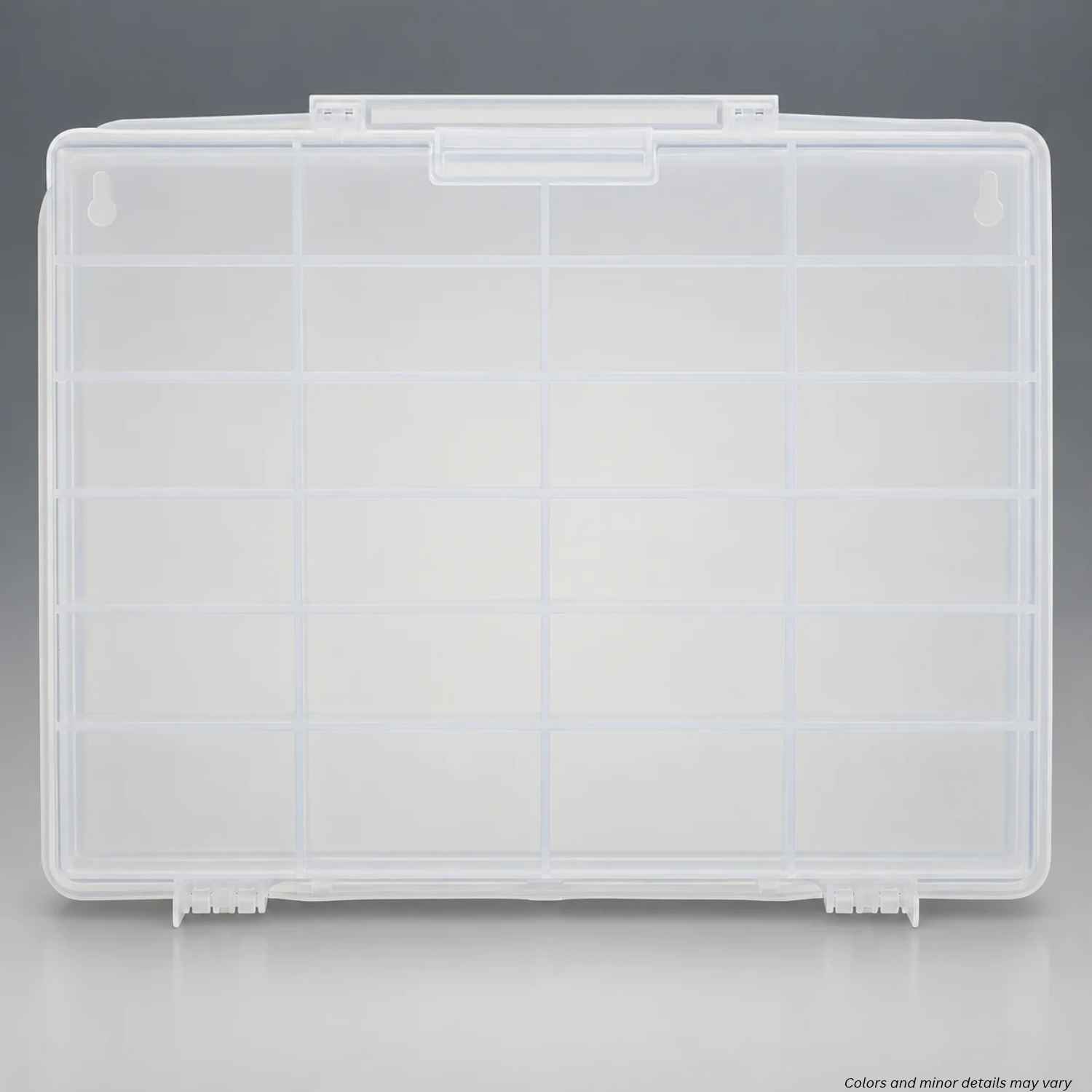 Plano Large Fixed StowAway 532430 closed, overhead view of translucent 24-compartment organizer