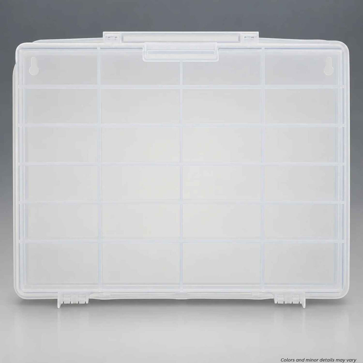 Plano Large Fixed StowAway 532430 closed, overhead view of translucent 24-compartment organizer