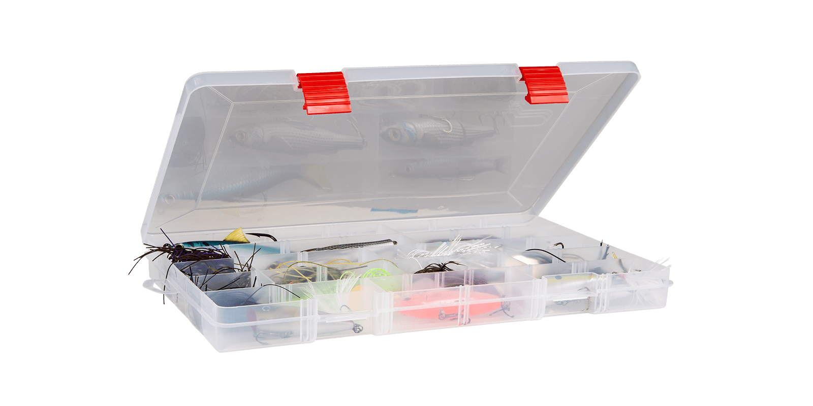 Plano Rustrictor 3700 StowAway tackle box with baits and lures organized in clear compartments.