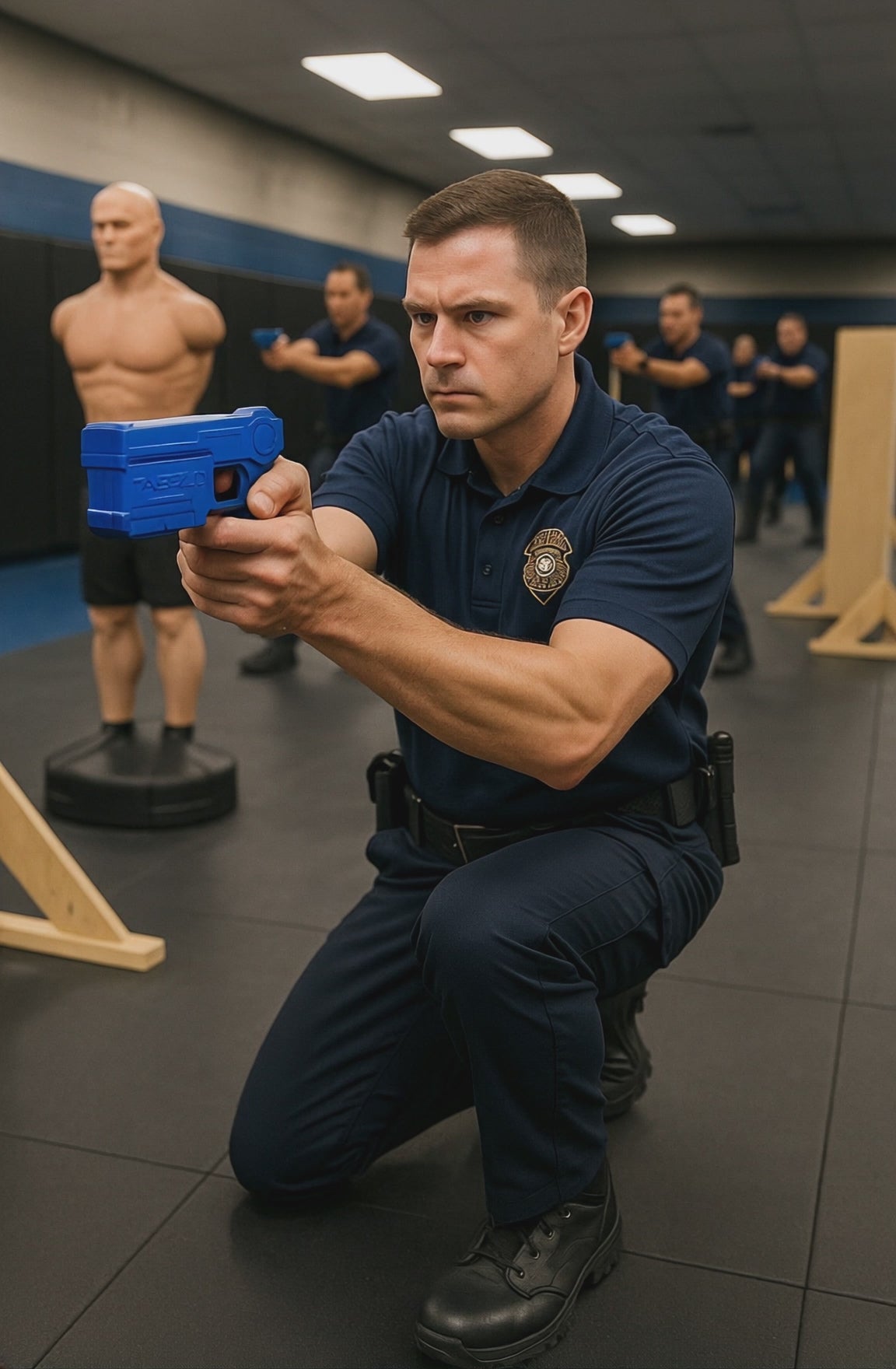 Video of Police Officer Kneeling with Taser 10 in a Training Gym Blue Training Guns By Rings Taser 10 FST10