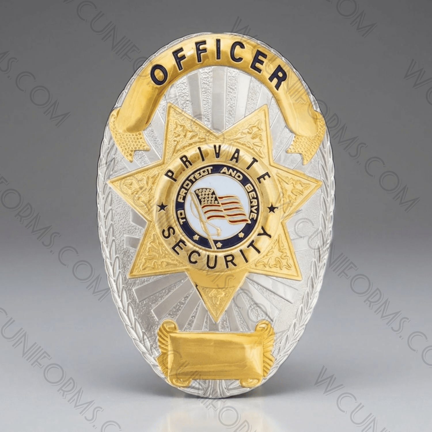 Watermarked - Private Security Officer Shield Badge Silver/Gold BA38