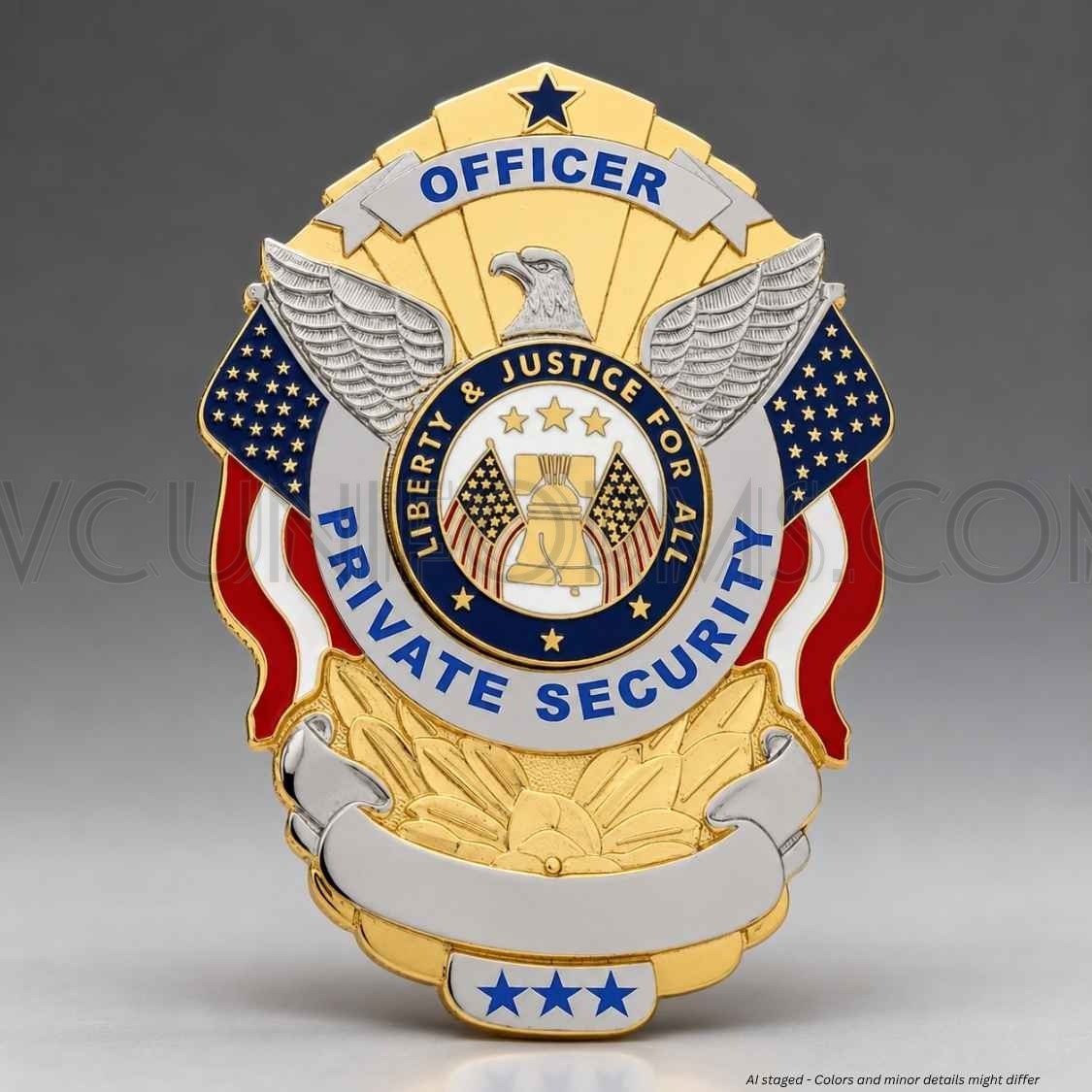Watermarked - Private Security Officer Uniform Badge - Eagle Over USA Flags Shield BA12