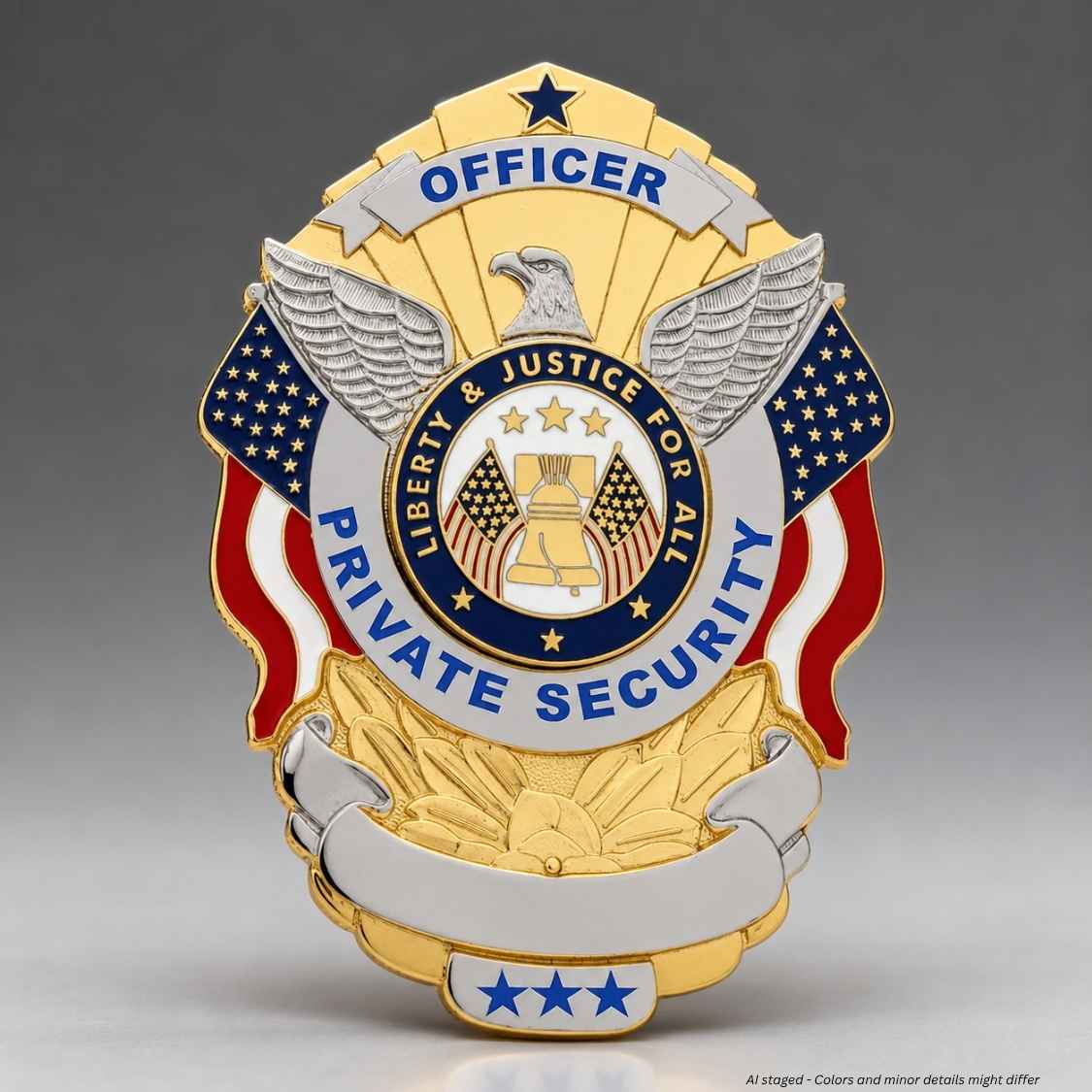 A gold and silver replica badge designed for a private security officer, featuring a central emblem with a bell, American flags, and the text 'Liberty & Justice for All', flanked by a U.S.