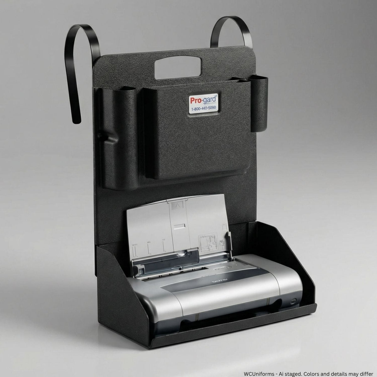 Black seat organizer and a silver police patrol car printer with ProGard logo on a gray background