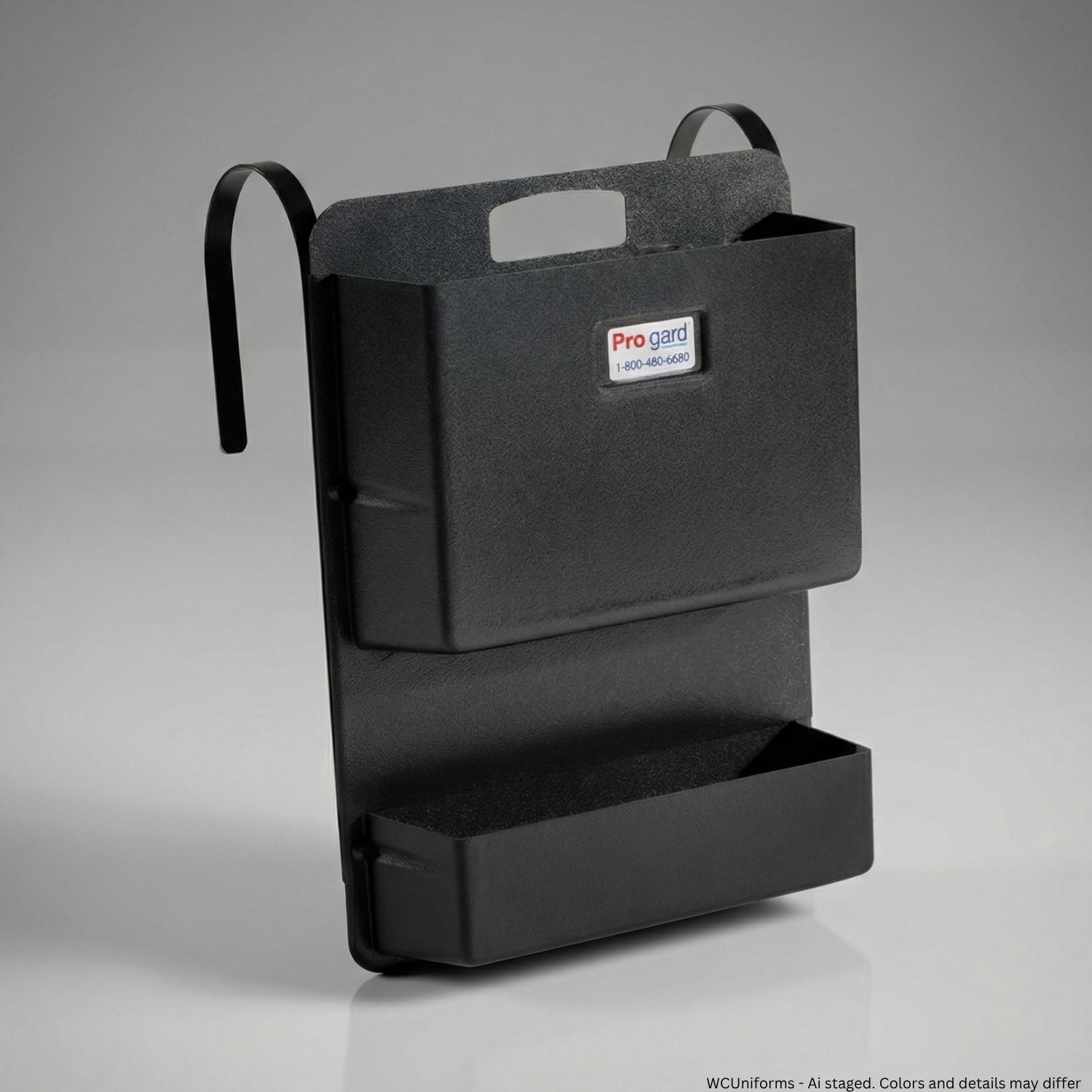 Black patrol car seat organizer with a visible brand logo on a gray background