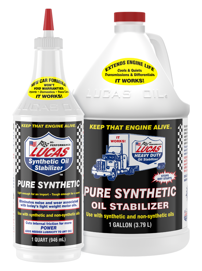 Two bottles of Lucas Synthetic Oil Stabilizer on a white background