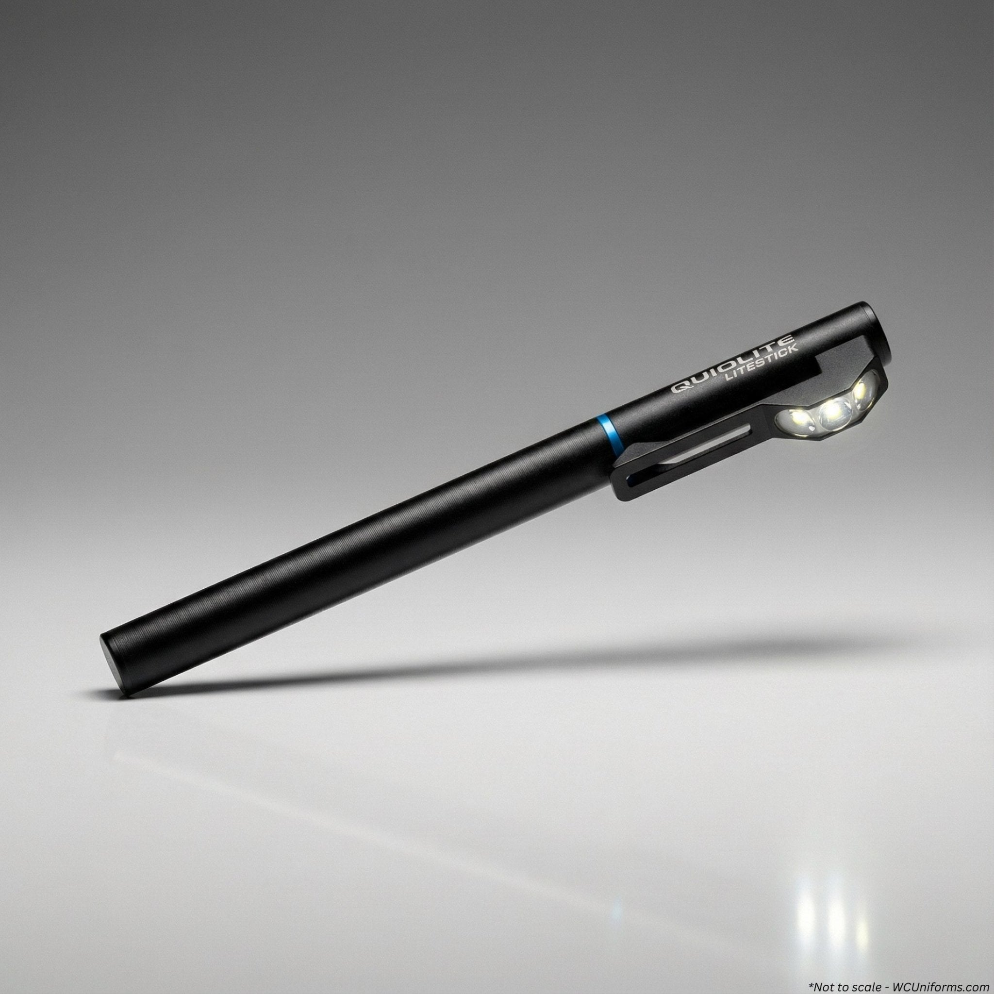 White only LED version of the QuiqLite LiteStick Hands-Free LED Pocket Light for First Responders on a gray background