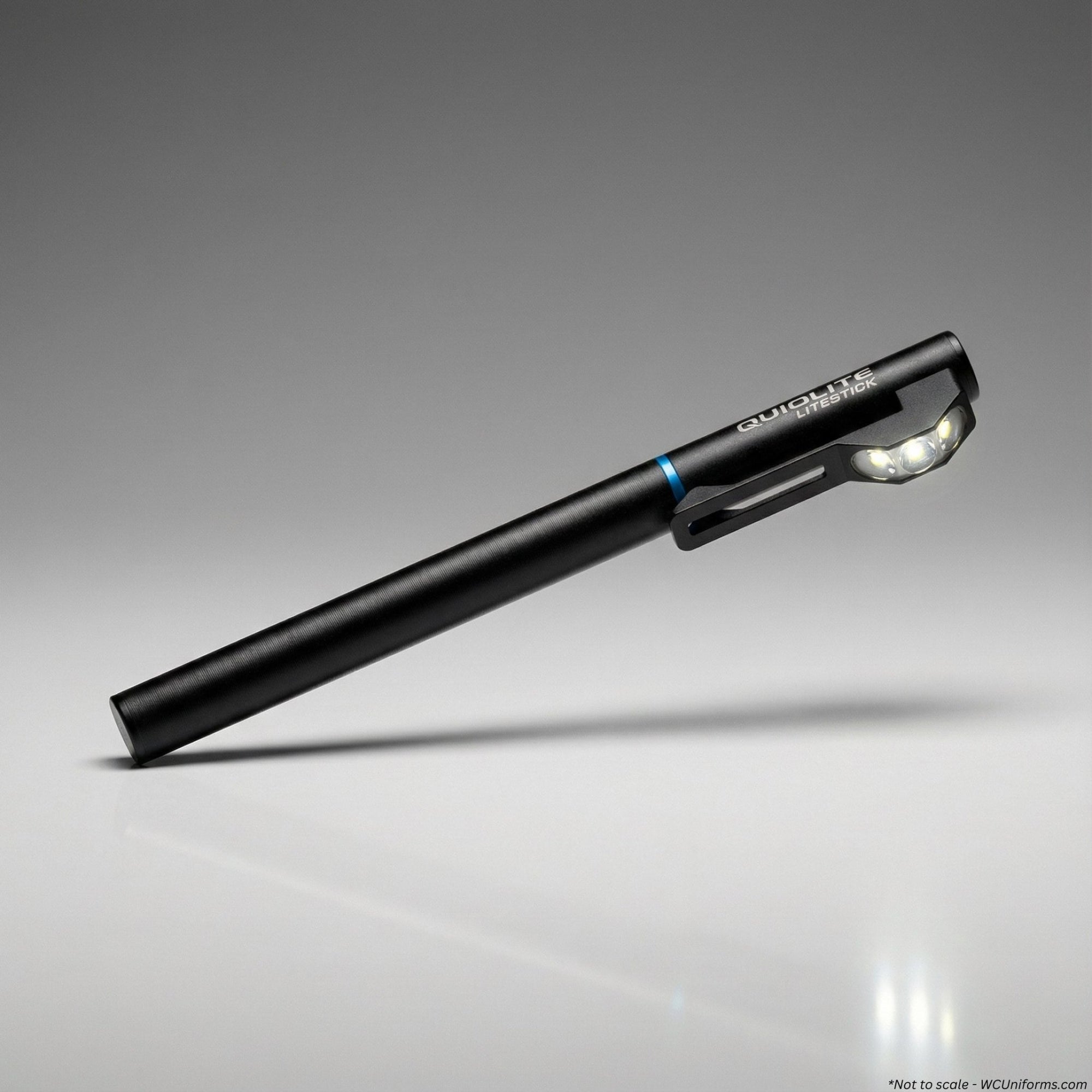 White only LED version of the QuiqLite LiteStick Hands-Free LED Pocket Light for First Responders on a gray background