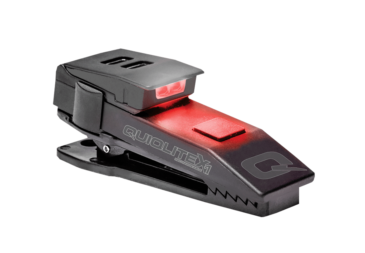 QuiqLite QuiqLiteX1 tactical red/white LED light with adjustable arm, made from durable German nylon plastic.