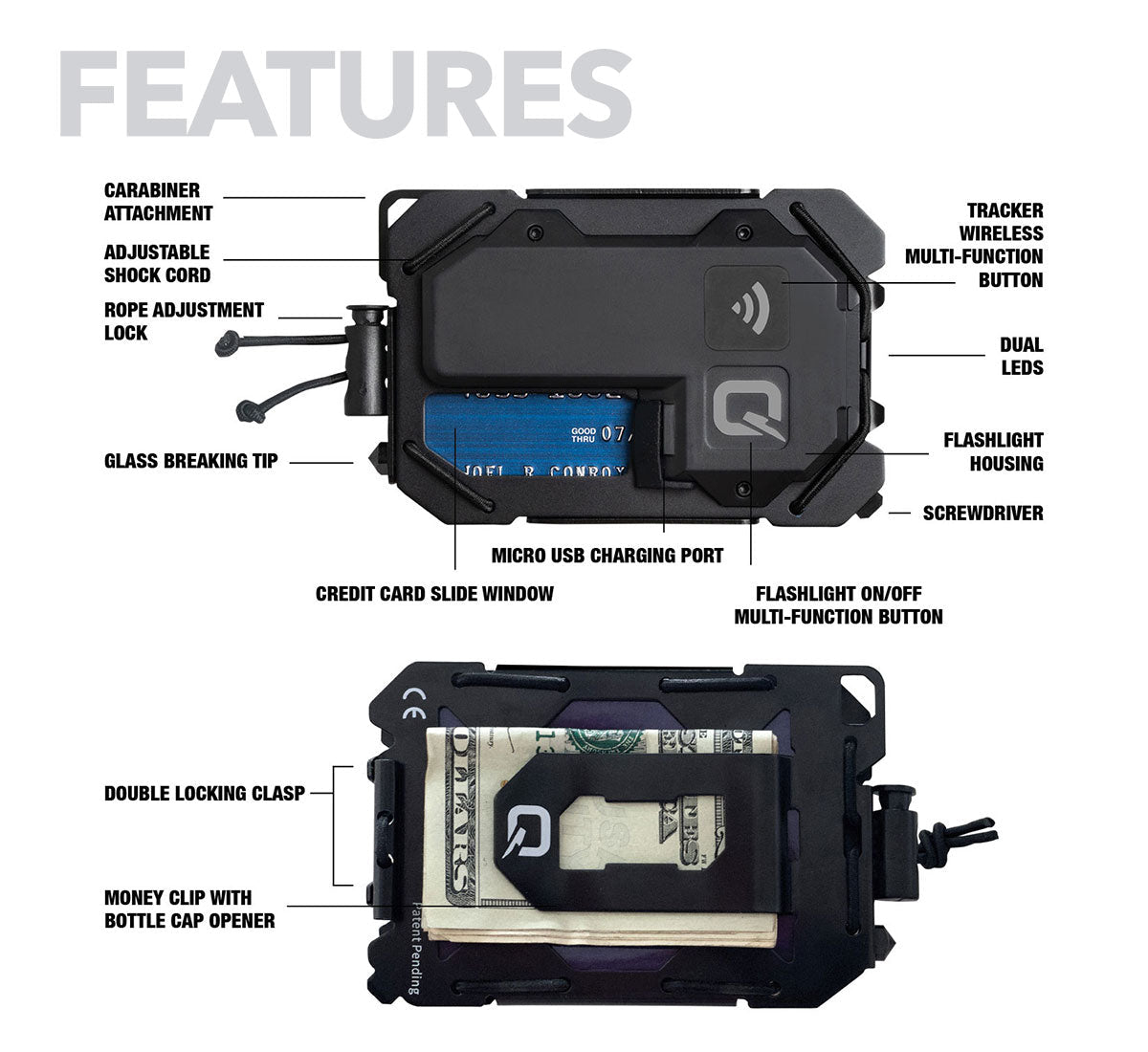 Quiqlite TAQTracker Slim Bluetooth Tracking Locator Wallet with Rechargeable LED Flashlight, Safety Strobe and Multi-Tool - WCUniforms
