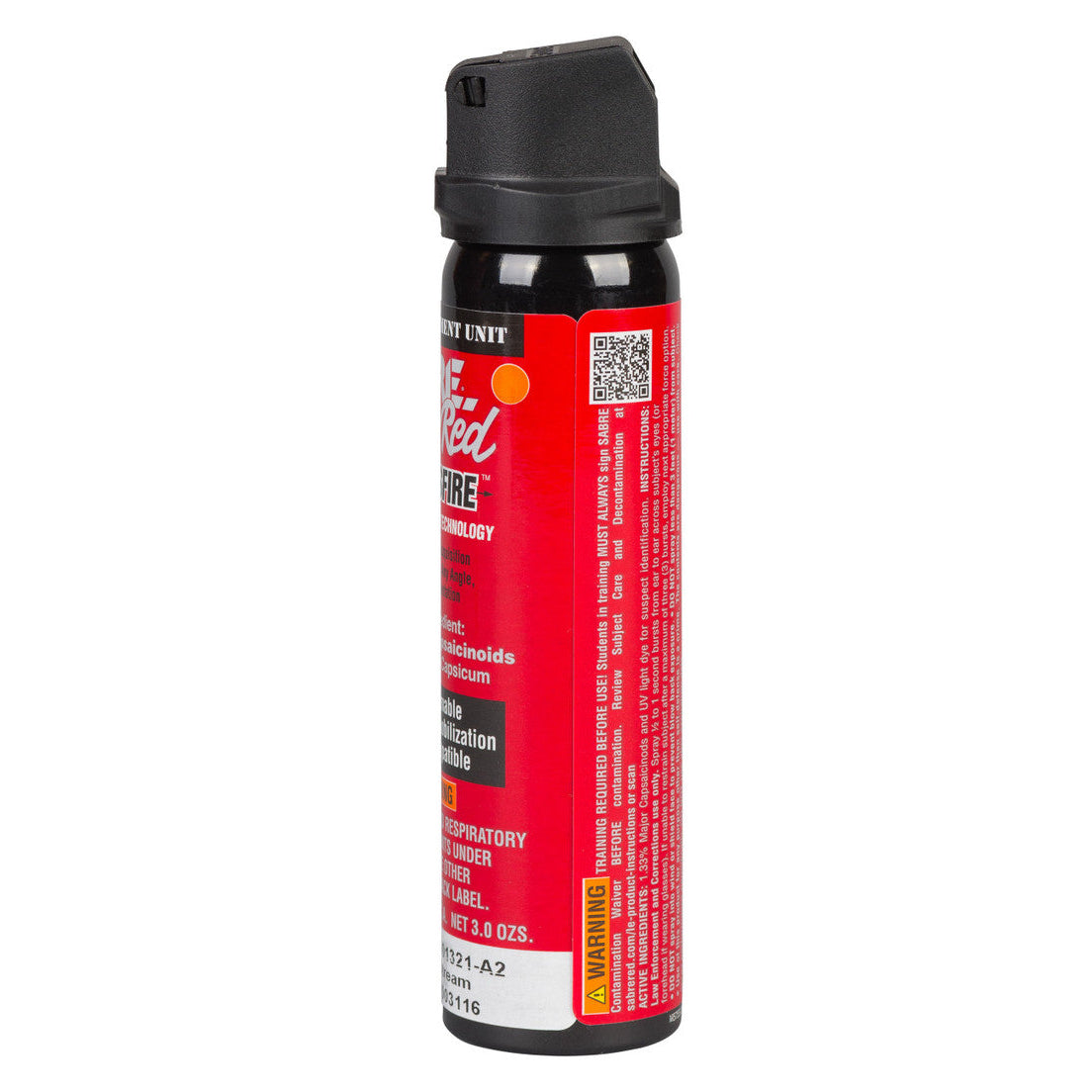 Red pepper spray canister with black cap on a white background