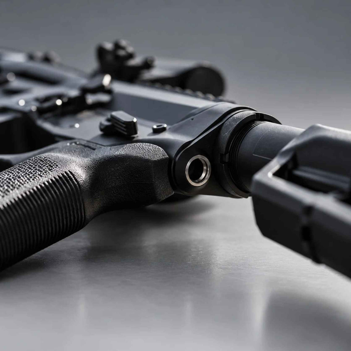 Radian QD endplate R0078 installed behind the receiver on an AR15 carbine buffer tube