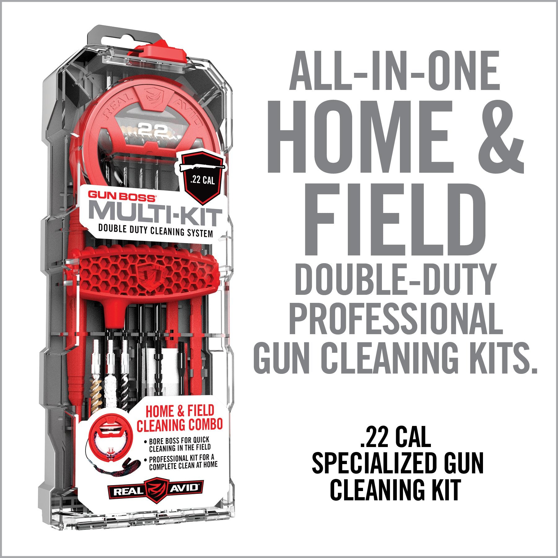 Red and black gun cleaning kit with text on a white background