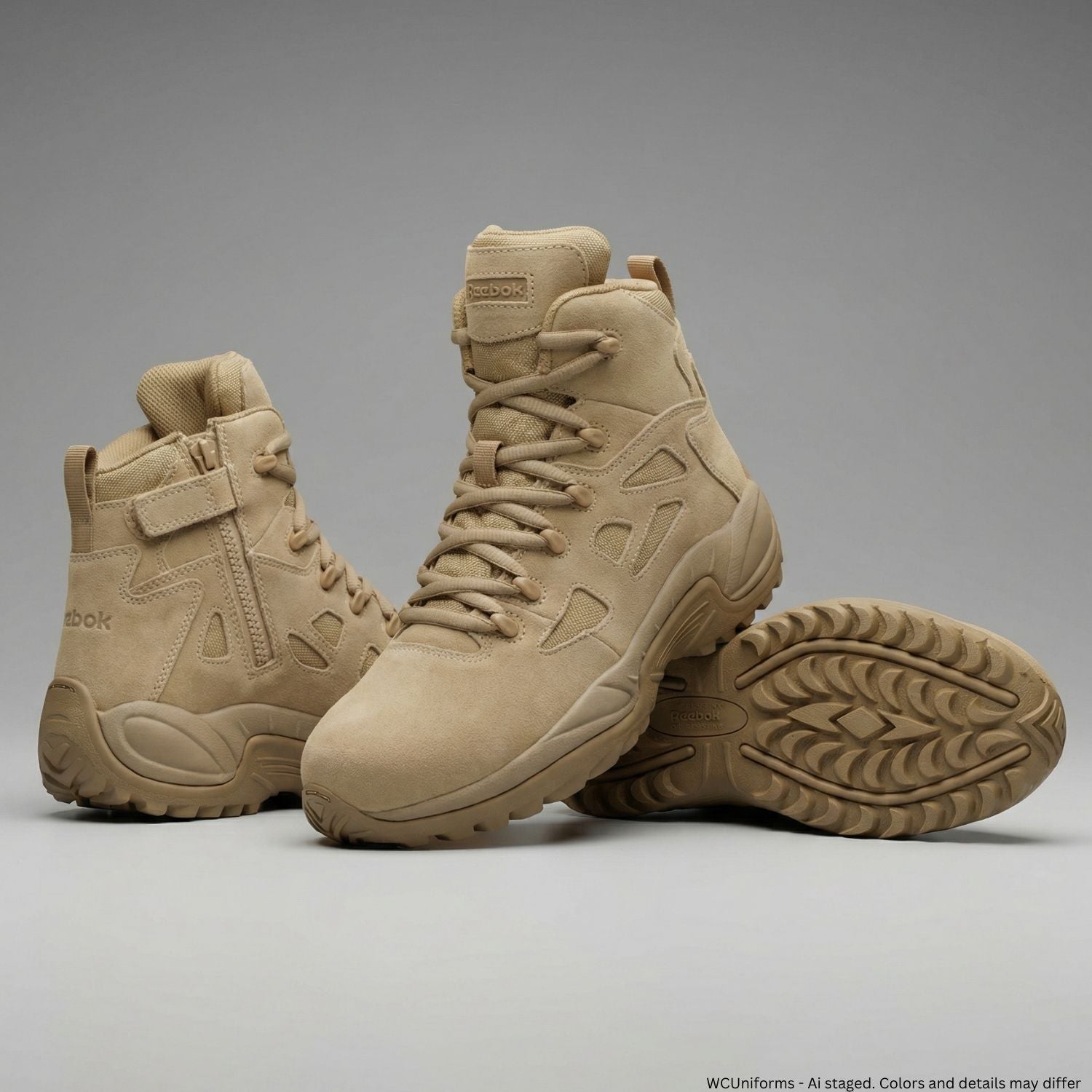 Tan tactical boots on a gray background