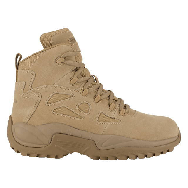 Tan high-top boot with a rugged sole on a white background