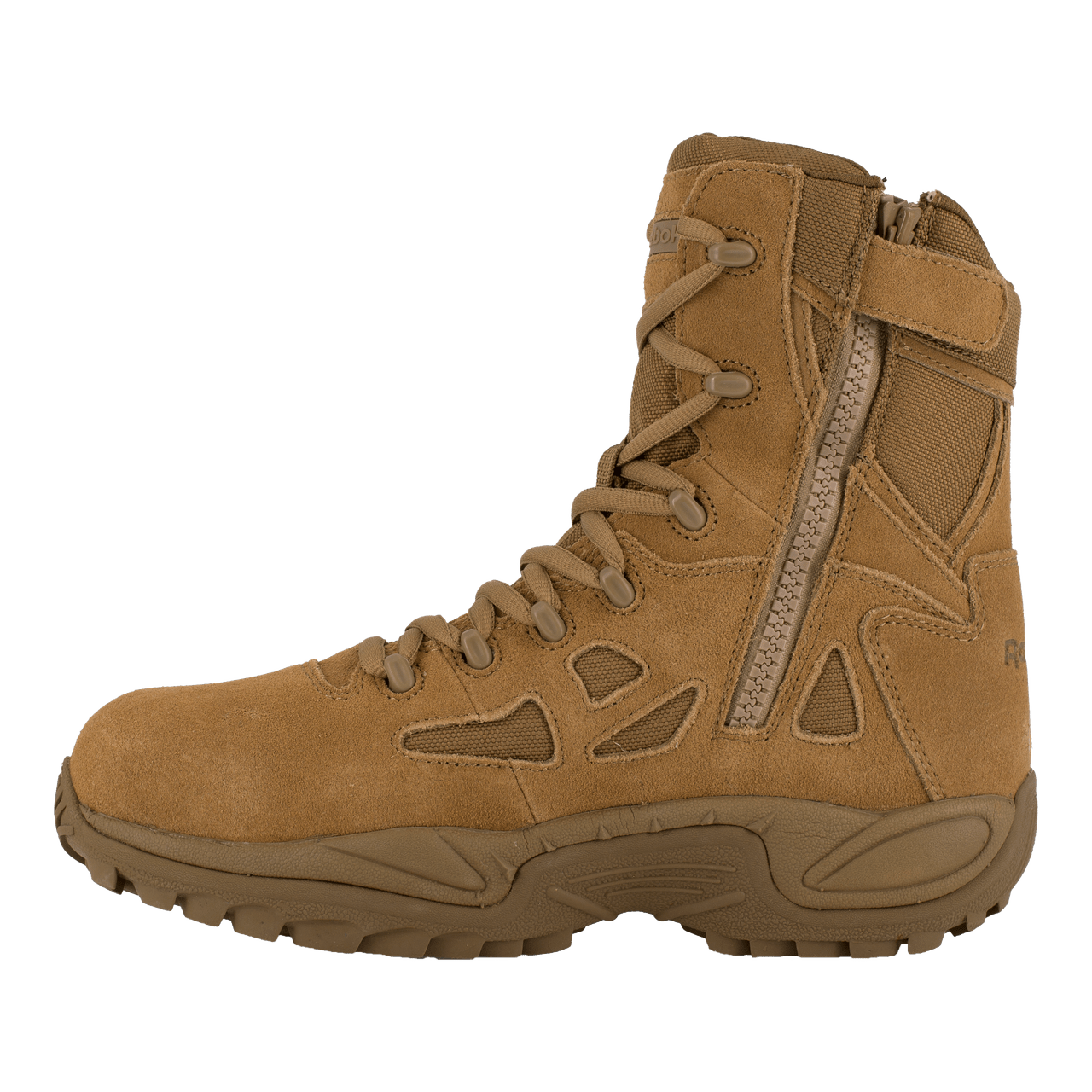 Reebok Rapid Response RB8850 coyote composite toe boot side view showing YKK zipper