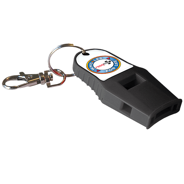 Black whistle with keychain on a white background