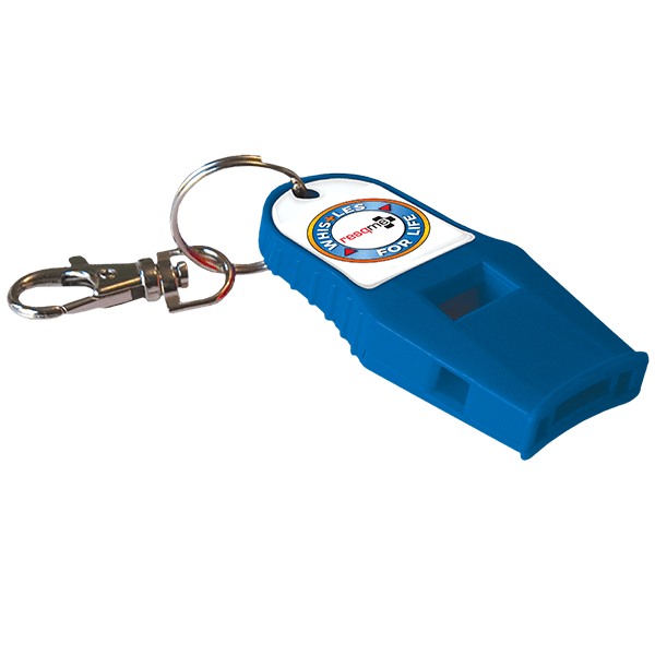 Blue whistle with keychain and logo on a white background
