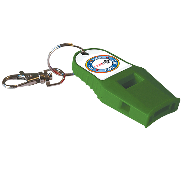 Green whistle with keychain on a white background