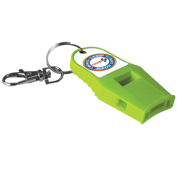 Green whistle with keychain and logo on a white background