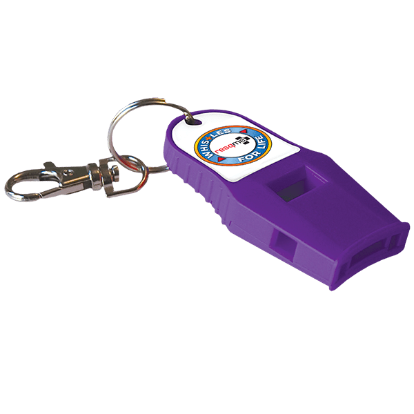 Purple whistle with keychain on a white background