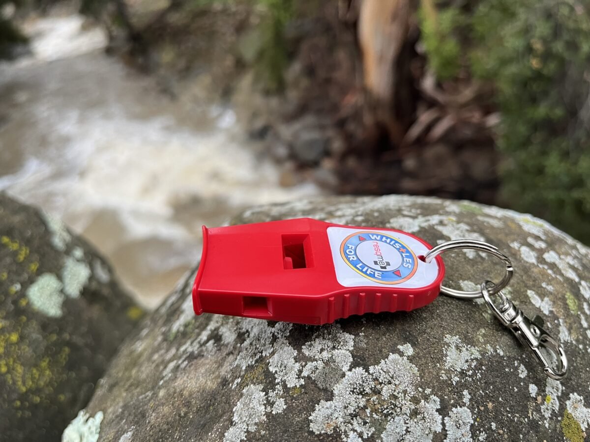 Red whistle with a keychain on a rock by a stream