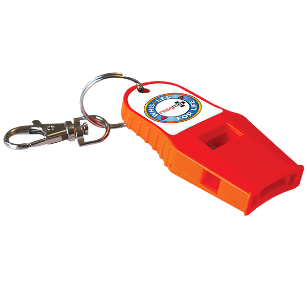 Red and orange whistle with a keyring on a white background