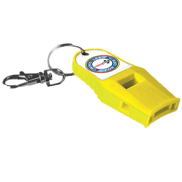 Yellow whistle with a keyring on a white background