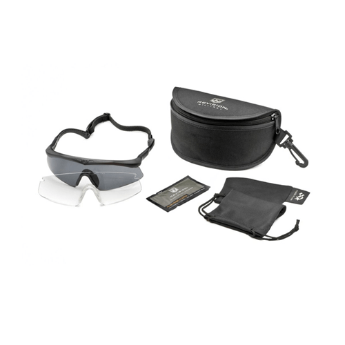 Revision Military Sawfly Eyewear kit featuring adjustable glasses, clear lenses, and a protective carrying case.