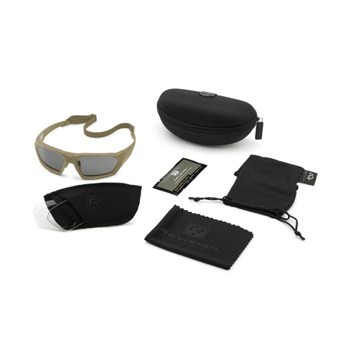 Revision Military Shadowstrike Ballistic Sunglasses kit with case, lens wipe, and accessories for tactical use.