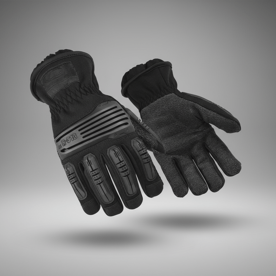 Pair of black and gray gloves on a gray background