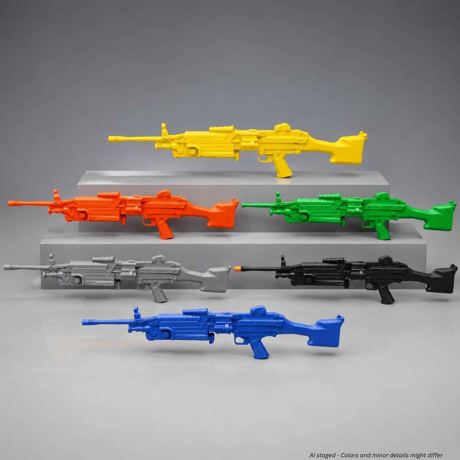 Rings BlueGuns FN M249 SAW training replica shown in yellow, orange, green, gray, black and blue