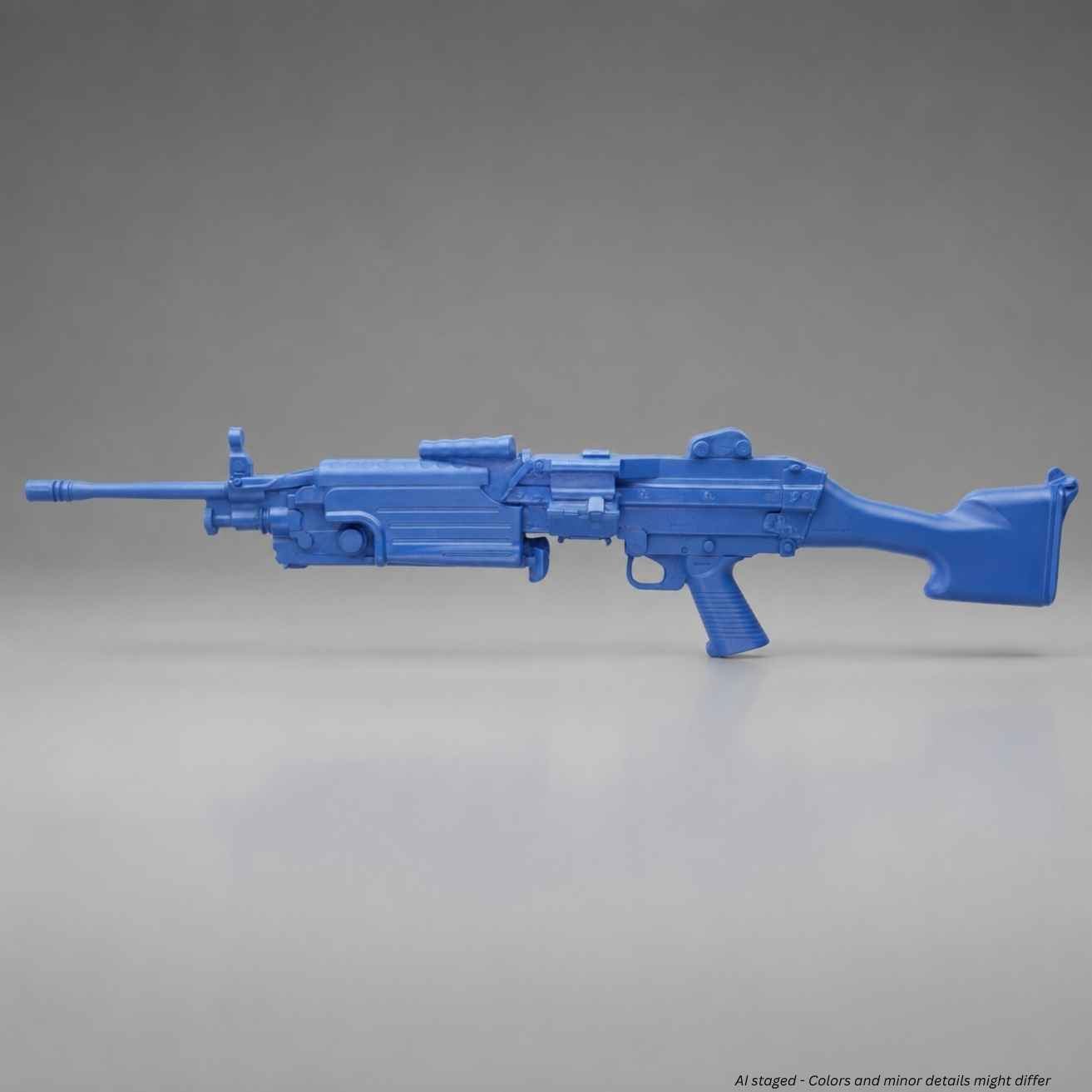 Rings BlueGuns FN M249 SAW FSM249 training replica in blue, side view showing molded receiver detail