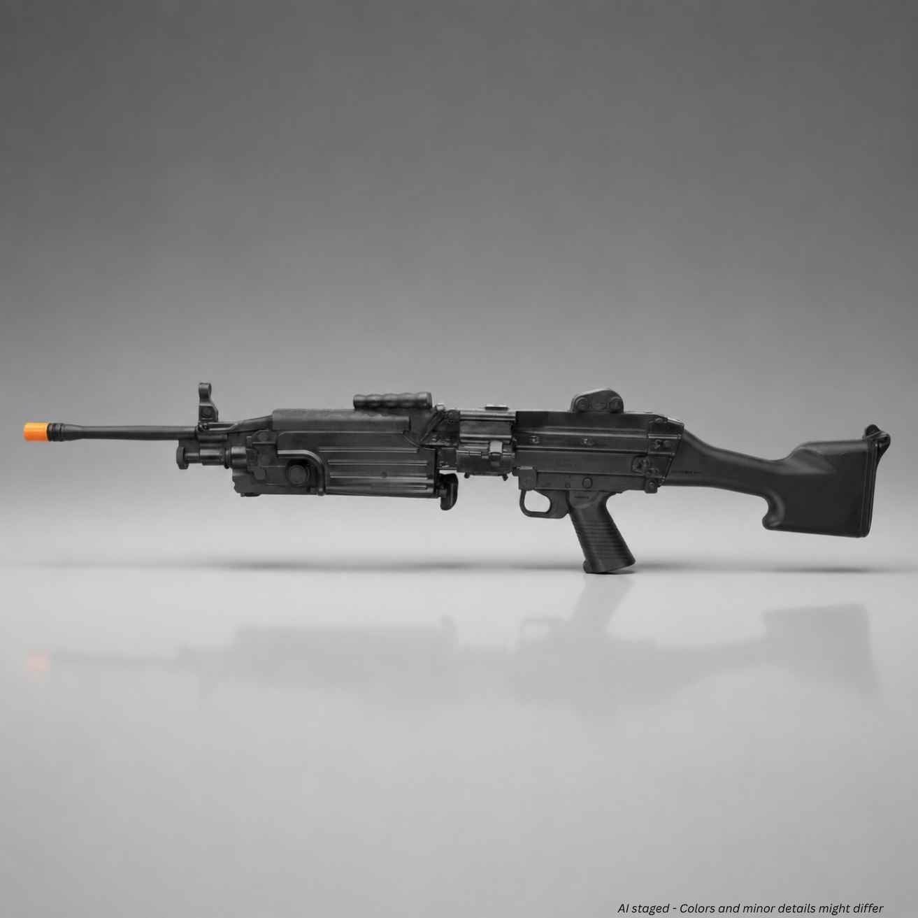 Rings BlueGuns FN M249 SAW FSM249B training replica in black, side view with bipod extended