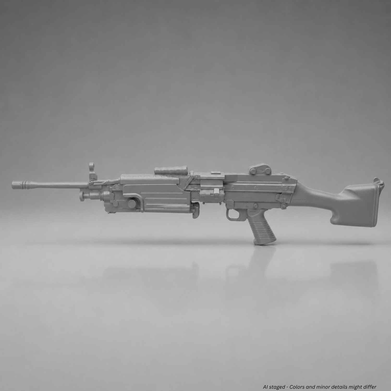 Rings BlueGuns FN M249 SAW FSM249CG training replica in cool gray, side view with stock and bipod
