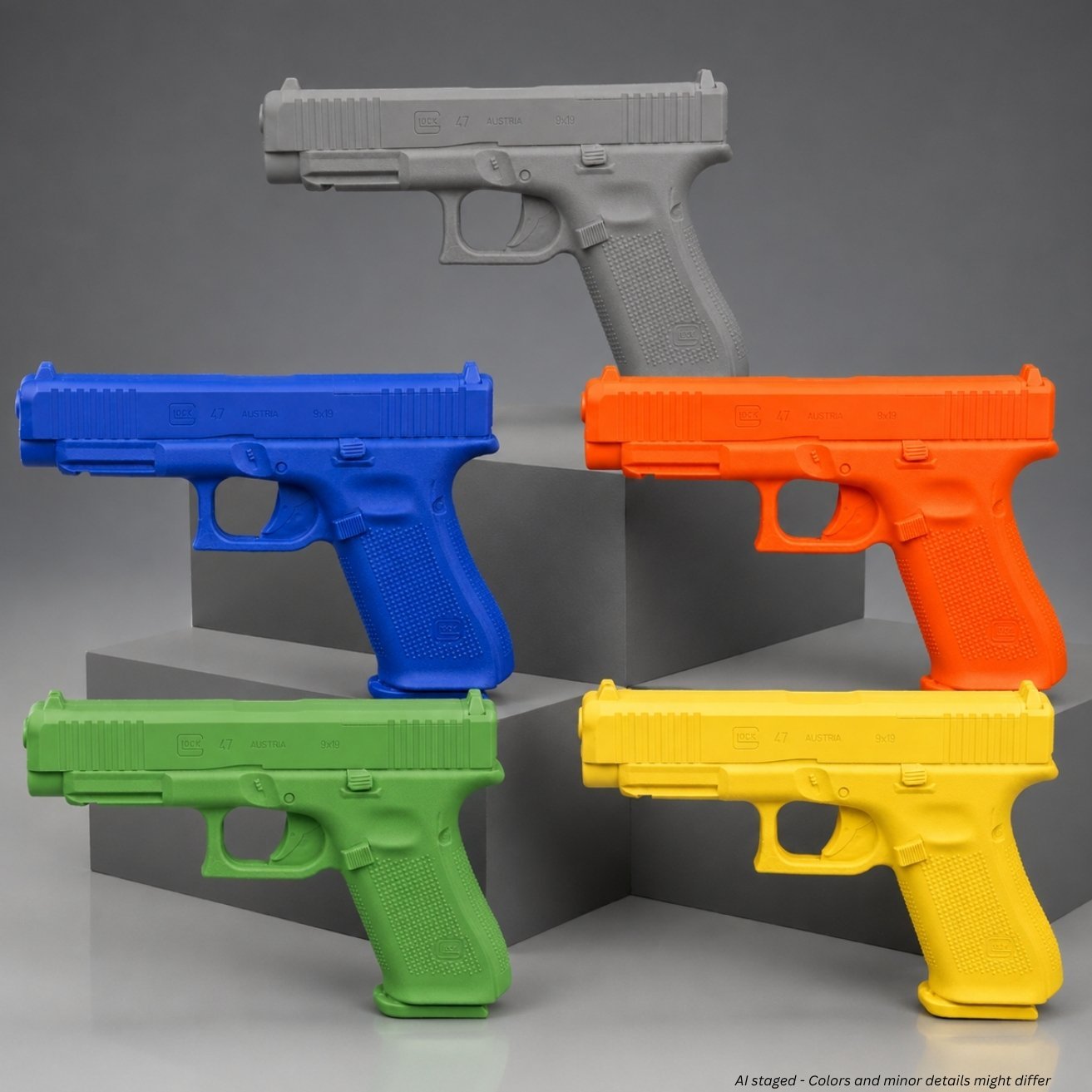Ring's BlueGuns Glock 47 MOS firearm simulator in blue, yellow, orange, cool gray, and green